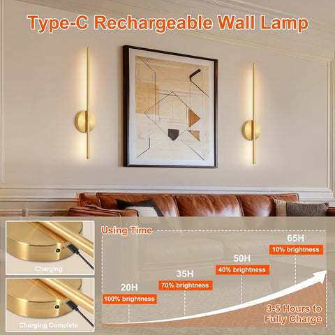 2 Pack USB Rechargeable Gold LED Wall Lights - Dimmable & Remote