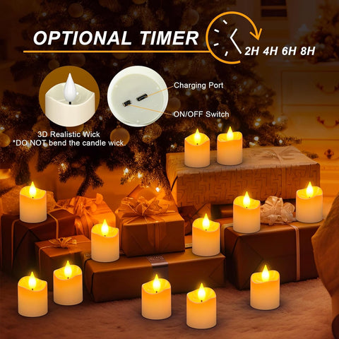 12PCS Rechargeable LED Tea Light Candles with Remote & Timer, Flameless Flickering Electric Tealights with Charging Base for Home & Holiday Décor