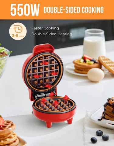 Blazant Mini Waffle Maker – 4 Inch Nonstick Compact Waffle Iron, 550W, Portable Breakfast Chaffle & Snack Maker, Red