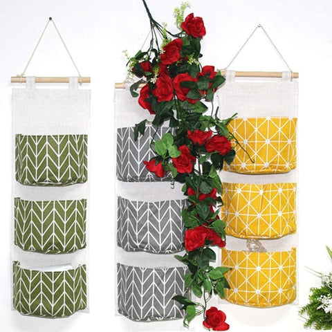 KAHEIGN 3-Piece Wall Hanging Storage Organiser – Waterproof Cotton Linen Bags with 3 Pockets Each for Bedroom, Bathroom & Kitchen – Give Every Little Essential Its Own Place