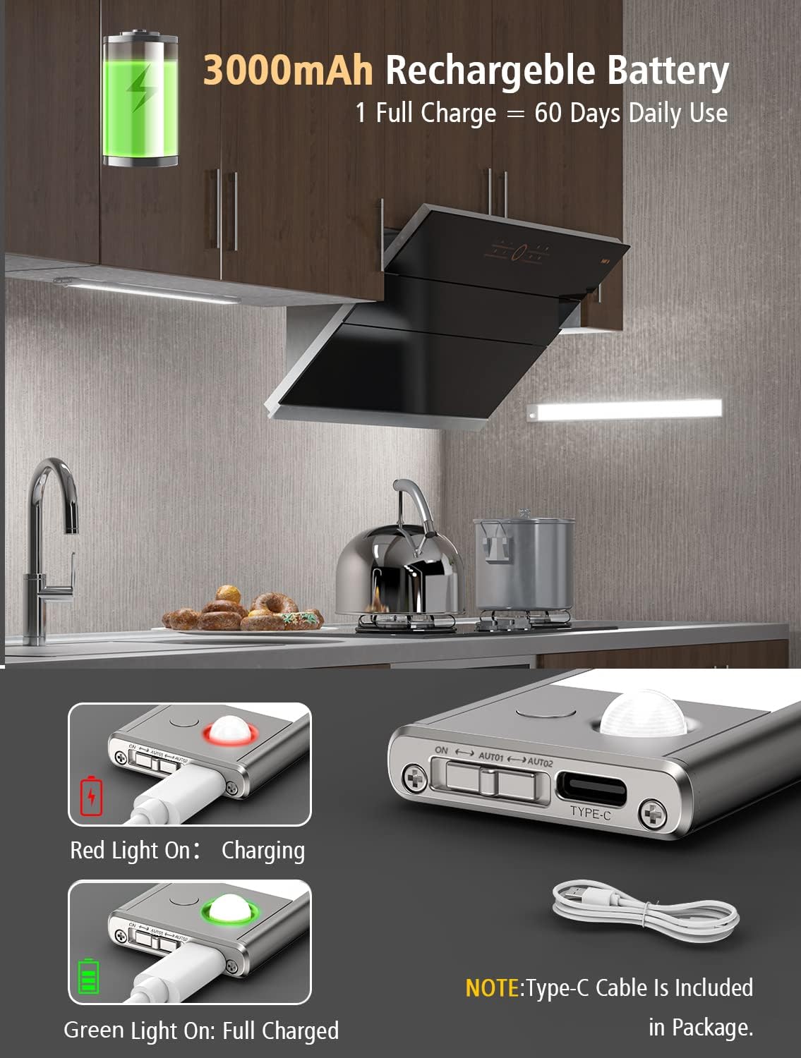 Kitchen hood with a detachable battery pack, charging indicators, and cable included.