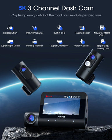 Avylet 5K/4K Triple Dash Cam with Front, Rear & Interior Cameras