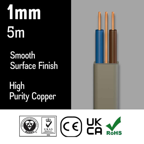 1mm Twin and Earth Electrical Cable 5m BASEC Approved