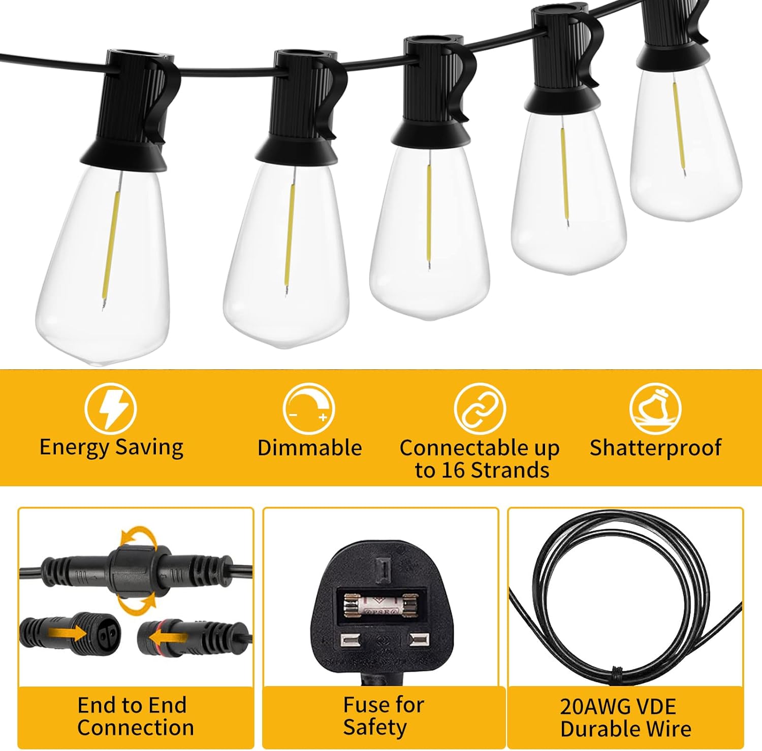 String lights with clear bulbs and black holders, featuring energy-saving, dimmable, and durable features.