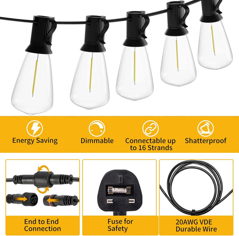 String lights with clear bulbs and black holders, featuring energy-saving, dimmable, and durable features.