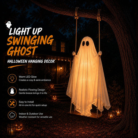 Halloween Light Up Swinging Ghost Hanging Decoration – Large Cloth Specter with Warm White LED Light for Outdoor Trees, Gardens, Porches & Halloween Parties