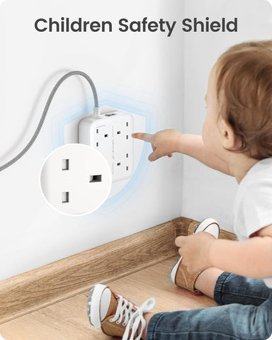 Extension Lead with 4 Way Outlets, 3250W 13A Power Strip, PD 20W USB-C and 2 USB-A QC 3.0, 1.8M Braided Extension Cord, Multi Power Plug Extension for Home and Office, White