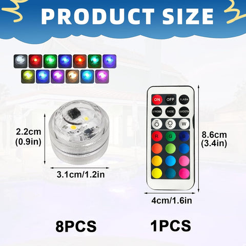 8 PCS Submersible LED Lights with Remote – Waterproof Colour Changing Underwater Lights for Hot Tubs, Pools, Aquariums, Vases, Ponds & Parties