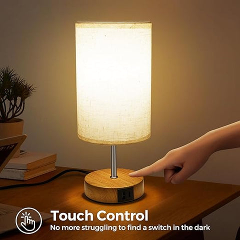 Suright Touch Control Bedside Lamps, 3-Way Dimmable Table Lamp with USB A+C Charging Ports, Touch Lamps Bedside with Linen Fabric Shade
