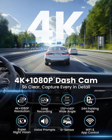 DYNACAM 4K+1080P Dash Cam Front & Rear with 64GB SD Card