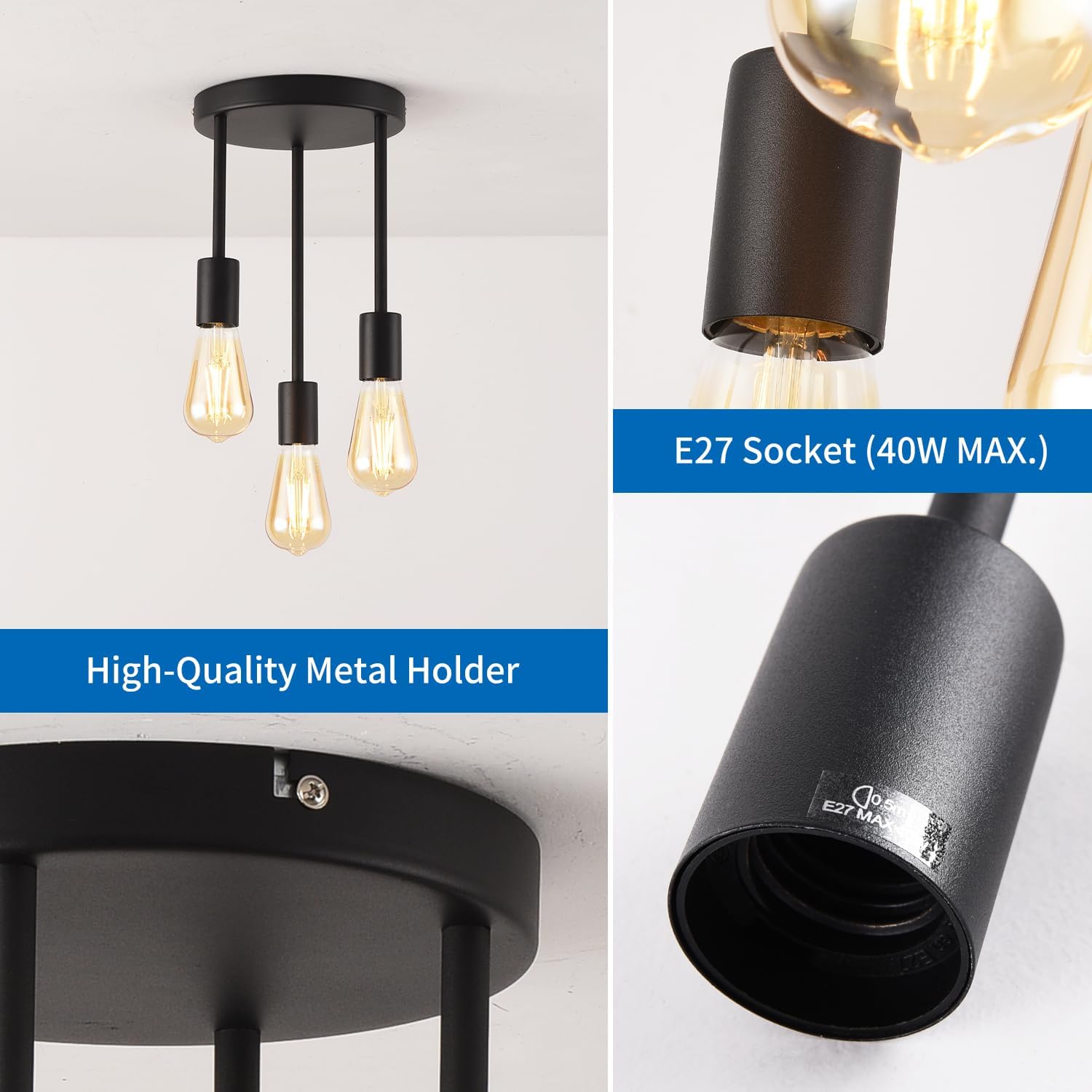 Ceiling light fixture with E27 socket and high-quality metal holder on a white background