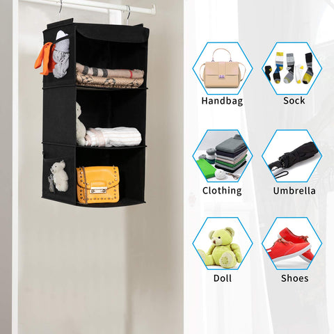 BrilliantJo Hanging Storage with 3 Shelves Wardrobe Closet Organiser, Storage Shelves Unit with 4 Pockets for Clothes Bag Shoes - Grey(30 x 30 x 60cm)
