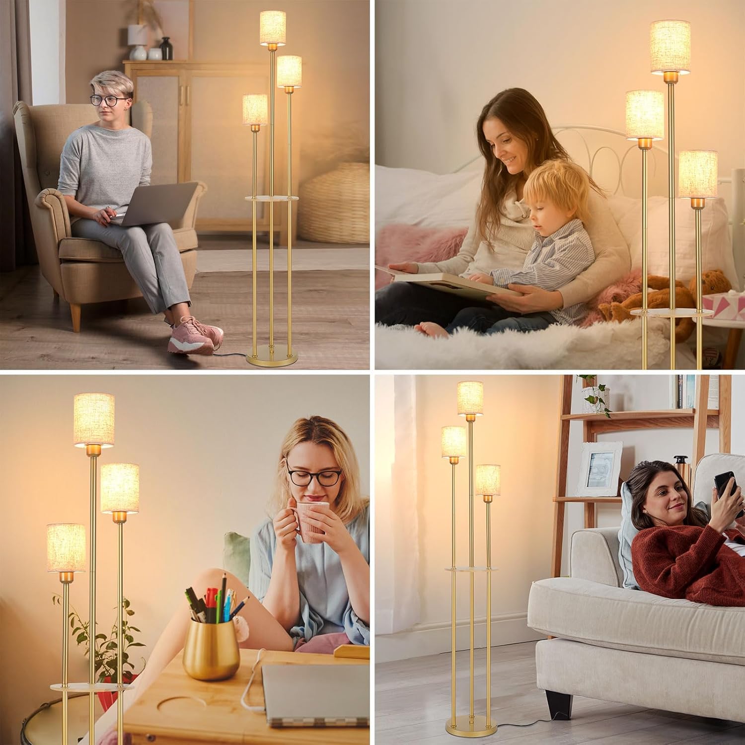 Collage of people using a floor lamp in various settings