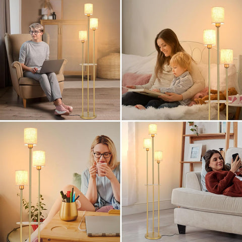 Collage of people using a floor lamp in various settings