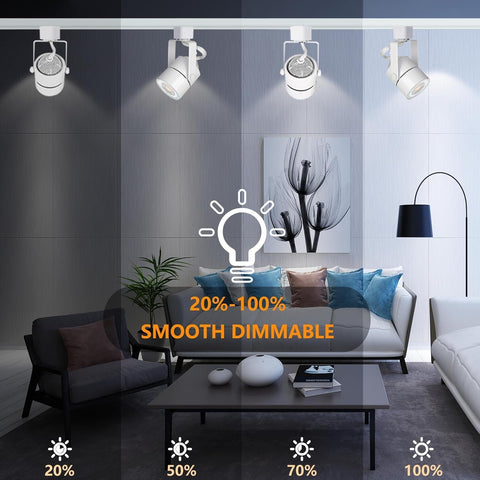 Living room with ceiling lights and text indicating smooth dimmable feature