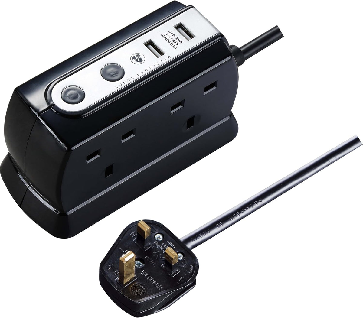 Masterplug Heavy Duty Four Socket Surge Protected Extension Lead with 2 USB Ports, 1 Metre, Black