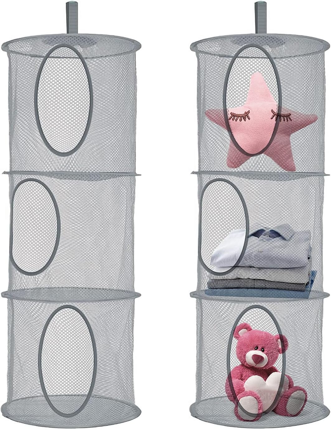 NCOALE 2-Pack 3-Tier Hanging Toy Storage Nets, Grey – Foldable Mesh Teddy Hammocks for Soft Toys, Clothes & Everyday Essentials