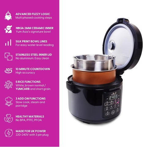Yum Asia Kumo YumCarb Rice Cooker with Ceramic Bowl – 5.5 Cup (1L), Fuzzy Logic, 8 Cooking Functions – Dark Stainless Steel