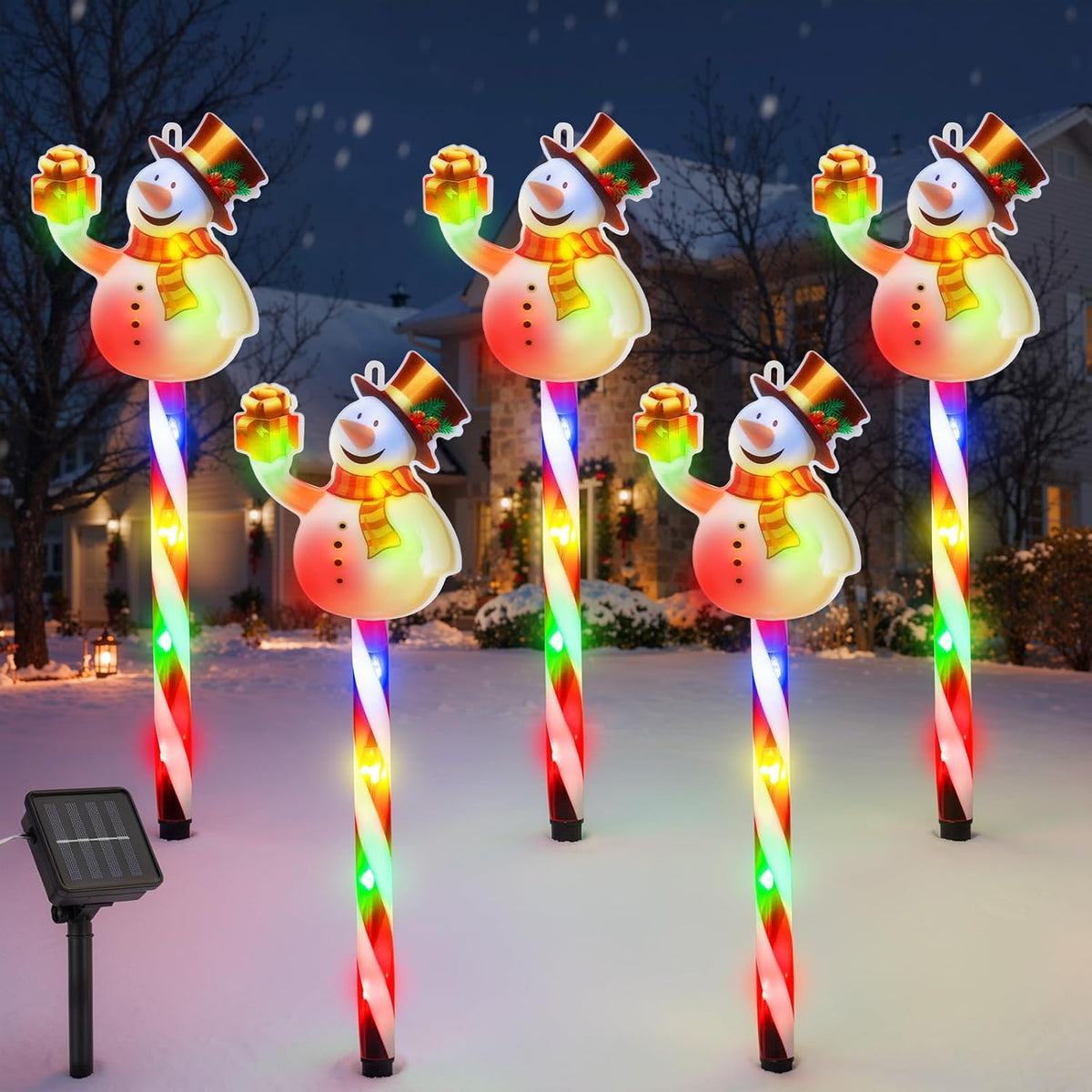 Lewondr 5PCS Snowman Christmas Decorations Lights with Cane Garden Stakes