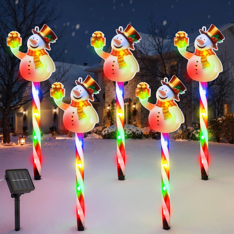 Lewondr 5PCS Snowman Christmas Decorations Lights with Cane Garden Stakes
