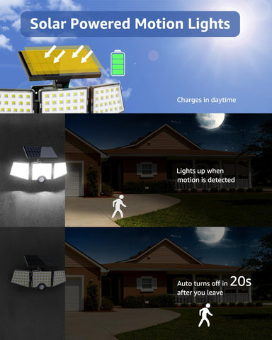 Solar-powered motion lights with daytime charging feature, night-time usage demonstration, and automatic turn-off after 20 seconds.