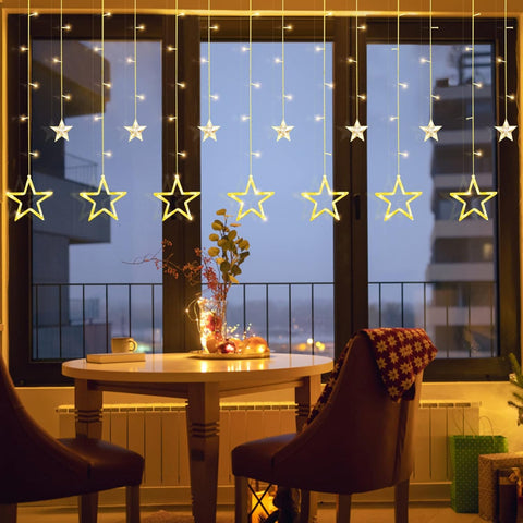Jsdoin Christmas LED Star Curtain Lights – 12 Stars 138 Warm White String Lights with Remote Control