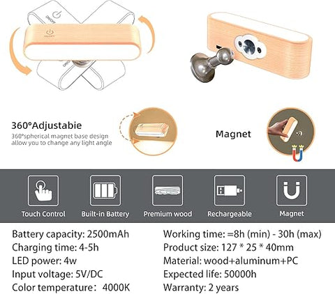 LED Wall Lamp, 30H Working 2550mAh Battery Operated Wall Lights, Dimmable Touch Light with Multiple Brightness Levels 360°Rotate Magnetic Ball Suitable for Bedside Writing Desk Wardrobe