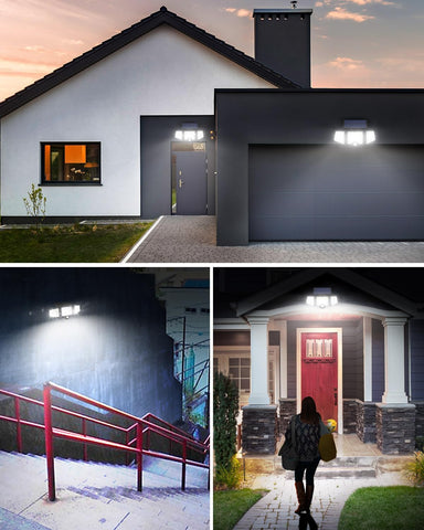 Collage of outdoor lighting fixtures on various building exteriors.