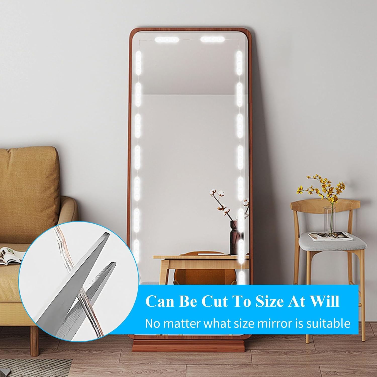 Large floor mirror with wooden frame in a room setting, showing customizable size feature.