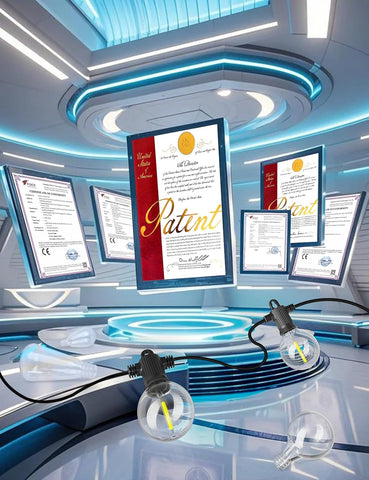 Patent certificate with light bulb and certification icons in a futuristic setting