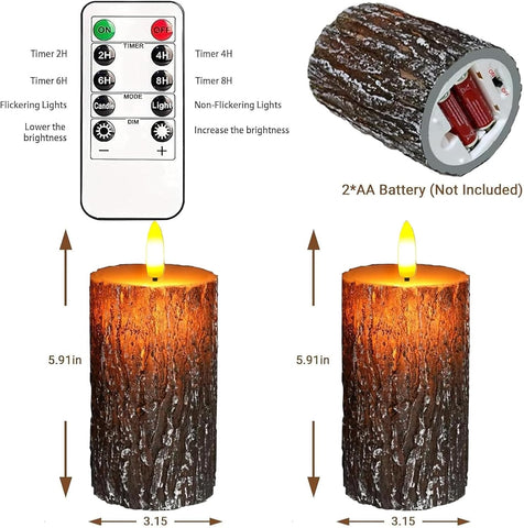 Bark Flameless Pillar Candles Set of 2, 6×3 Inch Real Wax LED Candles with Remote, Timer & Dimmable Flickering Light