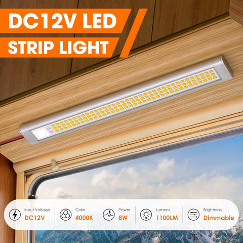 12V LED Light Strip for RV Trailer Truck Van 4000K 2Pack Silver 10.55in