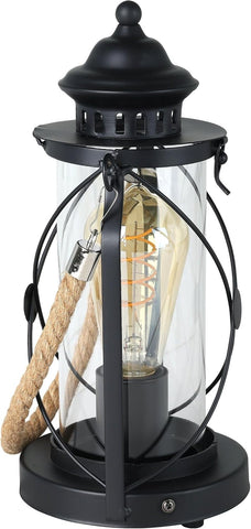 EGLO Bradford Vintage Table Lamp – Black Lantern Light with Clear Glass, E27 Socket & In-Line Switch for Bedroom, Living Room & Hallway