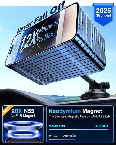 VANMASS Magnetic Car Phone Holder – 2025 Upgraded MagSafe Mount with Strong Suction for Dashboard, Windscreen, and Vent