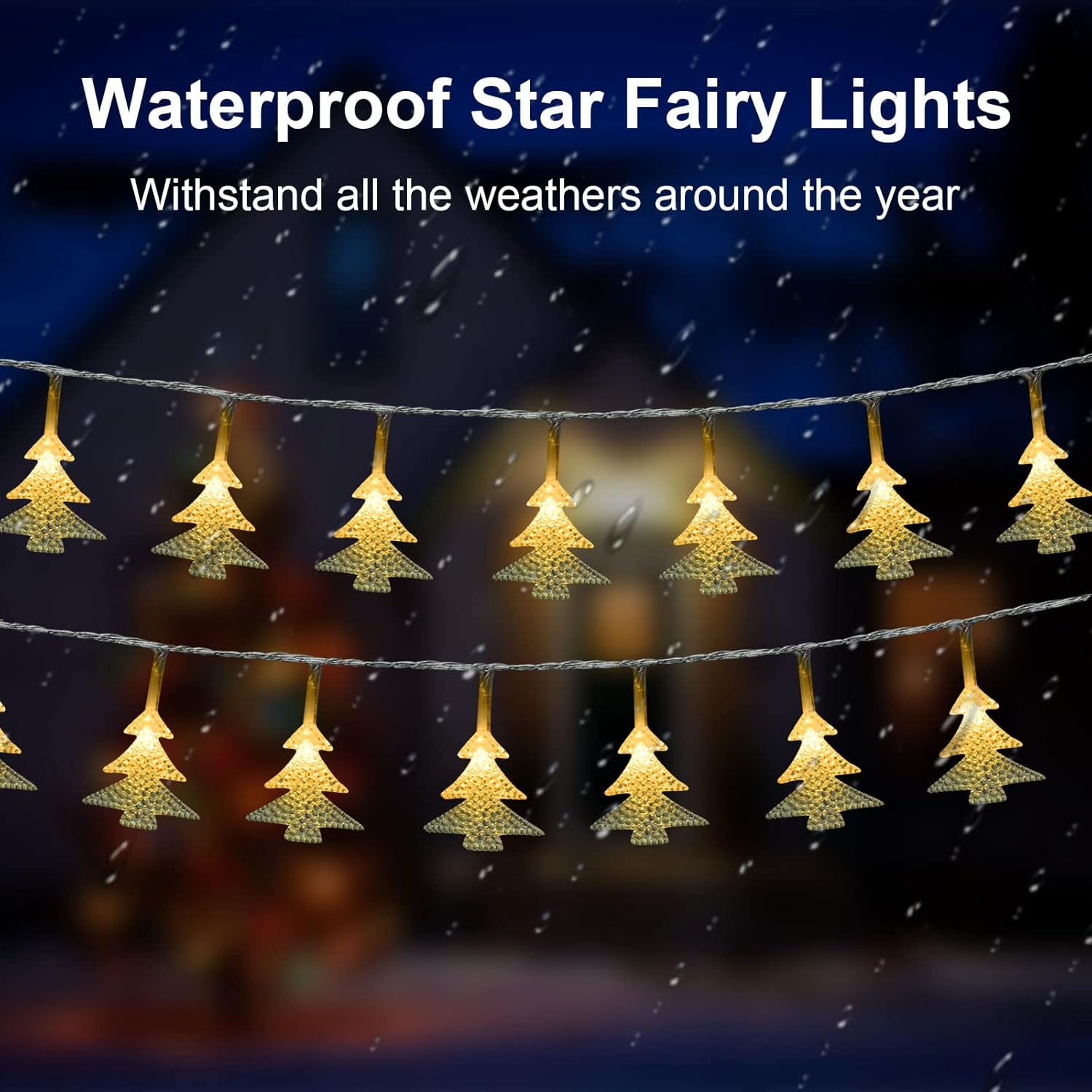 String of waterproof star fairy lights against a dark background with text indicating weather resistance.