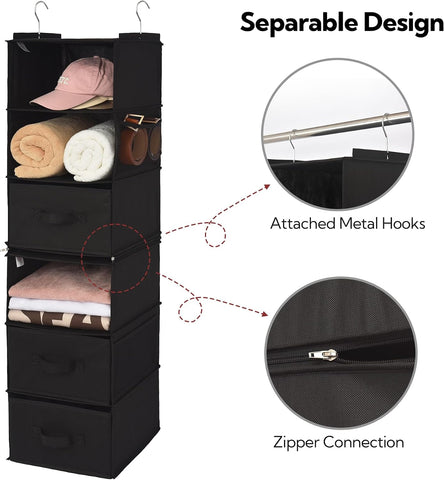 GRANNY SAYS 6-Shelf Hanging Closet Organizers and Storage, Separable to 2 Pack 3-Shelf Closet Hanging Organizer with 3 Drawers, 4 Side Pockets Hanging Shelves for Closet, Nursery, Black