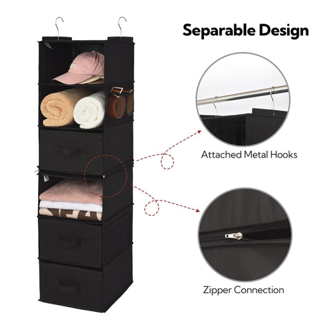 GRANNY SAYS 6-Shelf Hanging Closet Organizers and Storage, Separable to 2 Pack 3-Shelf Closet Hanging Organizer with 3 Drawers, 4 Side Pockets Hanging Shelves for Closet, Nursery, Black