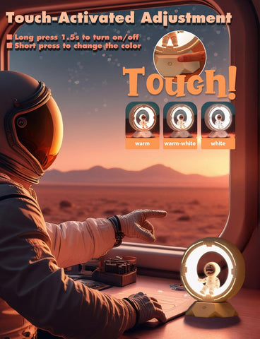 Person in an astronaut suit interacting with a touch-activated light display in a space-themed setting.