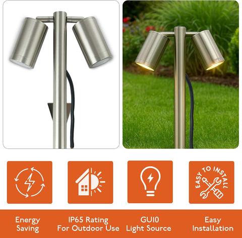 UKEW Twin Garden Spike Light - Adjustable Head GU10 LED Spike Lamp - IP65 Waterproof Tree Spotlight for Outdoor Pathway Lighting - Aluminum Ground Mount LED Compatible Fitting