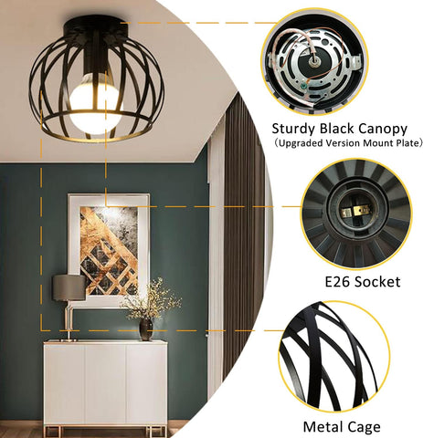 Vintage Ceiling Light Semi Flush Mount Black Ceiling Light | Metal Cage Ceiling Lampshade with E27 Holder for Living Room, Kitchen, Bedroom, Hallway, Bulb not included