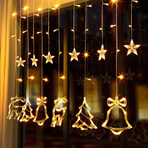 GlobaLink Christmas Curtain Fairy Lights – 138 Warm White LED Stars, Reindeer & Tree Decorations with 8 Flash Modes - Bring a Little Christmas Magic to Every Window