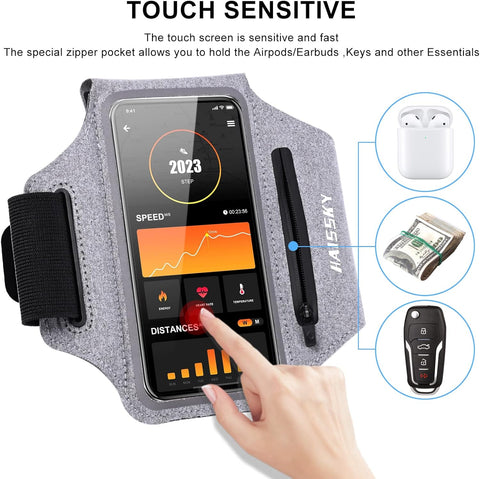 Running Phone Armband Holder with Zipper Pockets Water Resistant Grey