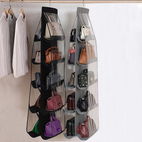 CJWLKJ 10-Pocket Hanging Handbag Organiser – Grey Clear Storage Holder for Wardrobes and Closets