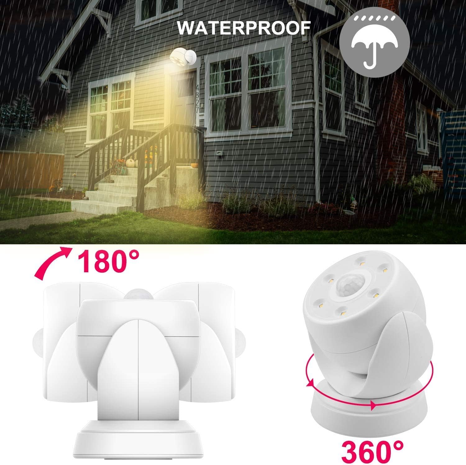 Outdoor light fixture with waterproof feature and 180-degree and 360-degree rotation capabilities.