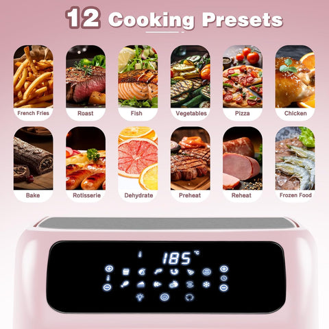 12L Air Fryer Oven with Rotisserie – 12 Presets, 1800W, 90-Min Timer, Oil-Free Cooking, 6 Accessories, Pink