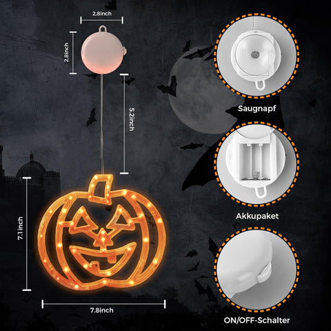 CNMTCCO Halloween Window Lights Set of 3 – Battery Operated LED Pumpkin, Bat & Witch Decorations with 6-Hour Timer and Suction Cups for Indoor Windows
