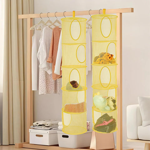 Hanging Mesh Storage Basket, 2 Pack, 5-Tier Foldable Toy Organiser in Pink – Make Room for More Play