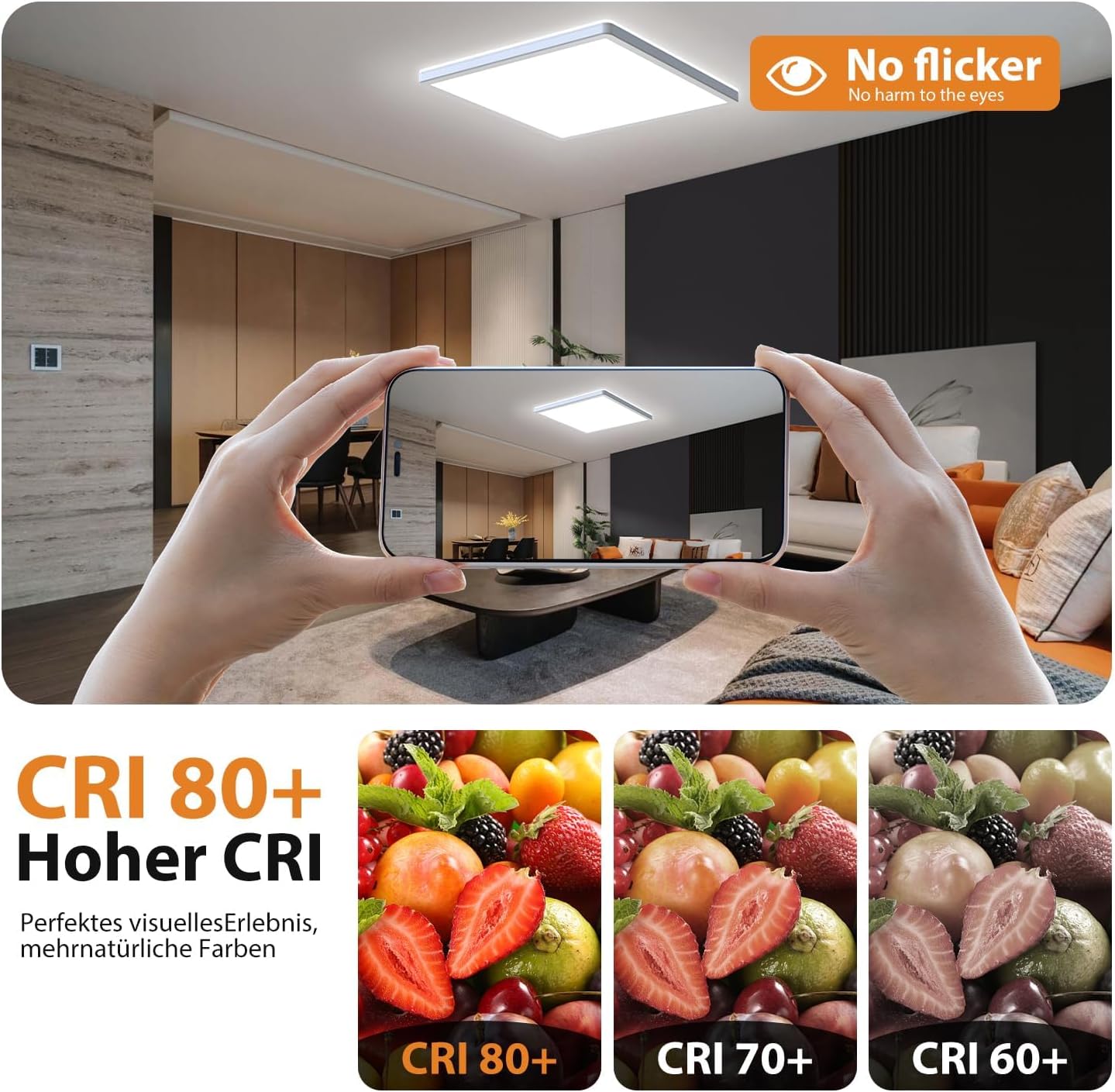 Hands taking a photo of a living room with a smartphone, featuring a CRI 80+ LED light bulb advertisement.
