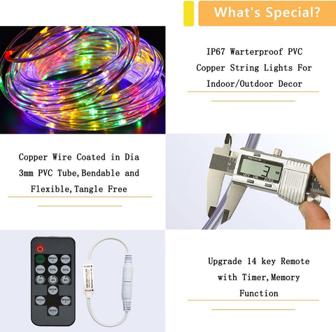 Copper wire-coated LED string lights with remote control and digital caliper for measurement.