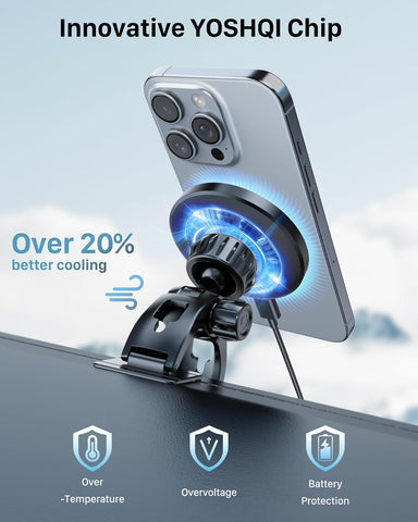 YOSH 15W MagSafe Car Mount Charger with N55 Magnetic Phone Holder for Dashboard or Vent – Fast Wireless Charging for iPhone, Samsung, Pixel